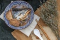 Salmon kabutoni steamed with sweet soya sauce with golden needle mushroom and sliced Ã¢â¬â¹Ã¢â¬â¹ginger japanese bowl Royalty Free Stock Photo